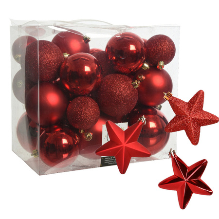 Package 32x pcs plastic christmas baubles and star ornaments red