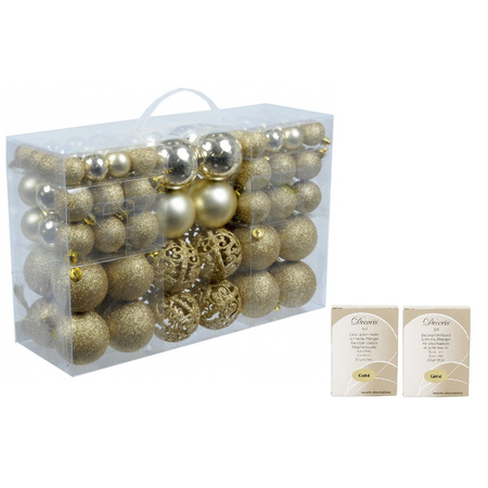 Pakket met 100x gouden kerstballen kunststof inclusief kerstbalhaakjes