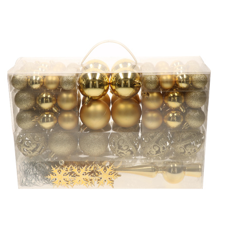 Pakket met 110x stuks kunststof kerstballen/ornamenten met piek goud