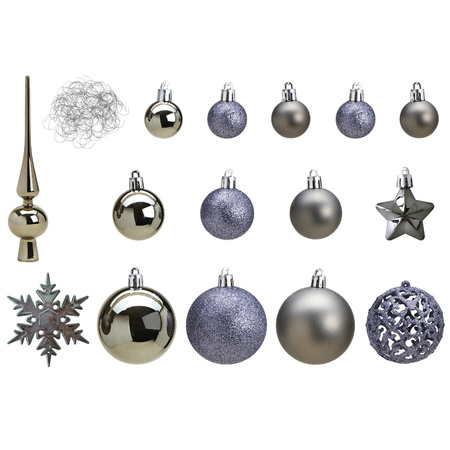 Pakket met 110x stuks kunststof kerstballen/ornamenten met piek grijs