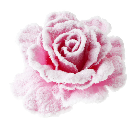 Pastel roze rozen met sneeuw op clip 10 cm - kerstversiering