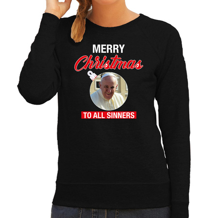 Paus Merry Christmas sinners foute Kerst sweater / trui zwart voor dames