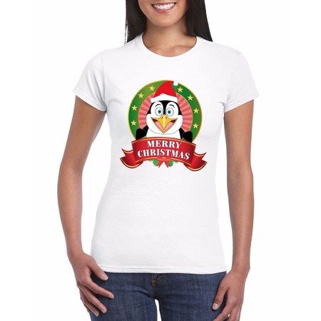 Pinguin Kerst t-shirt wit Merry Christmas voor dames