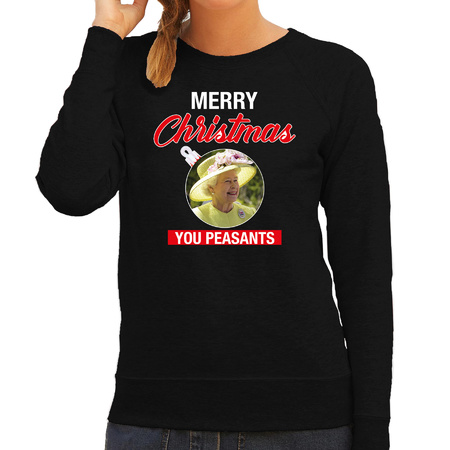 Queen/koningin Merry Christmas peasants foute Kerst sweater / trui zwart voor dames