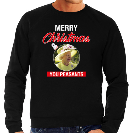 Queen/koningin Merry Christmas peasants foute Kerst sweater / trui zwart voor heren