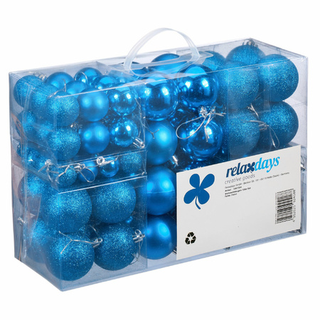 Relaxdays kerstballen - 100x st - intens blauw - 3, 4 en 6 cm - kunststof - mat/glans/glitter