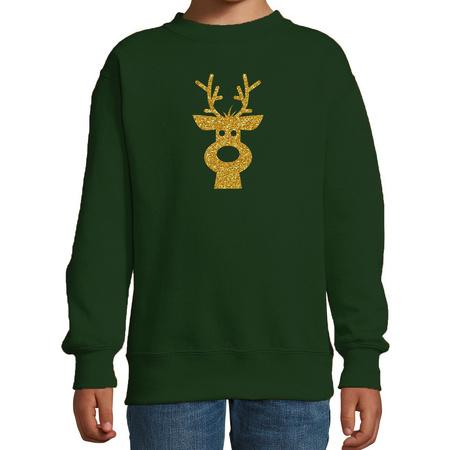 Christmas sweater Reindeer head green with silver glitters for kids