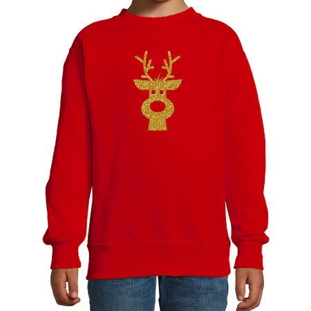 Rendier hoofd Kerstsweater / Kersttrui rood voor kinderen met gouden glitter bedrukking