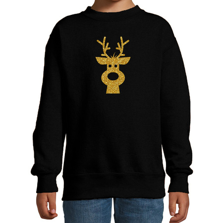 Rendier hoofd Kerstsweater / Kersttrui zwart voor kinderen met gouden glitter bedrukking