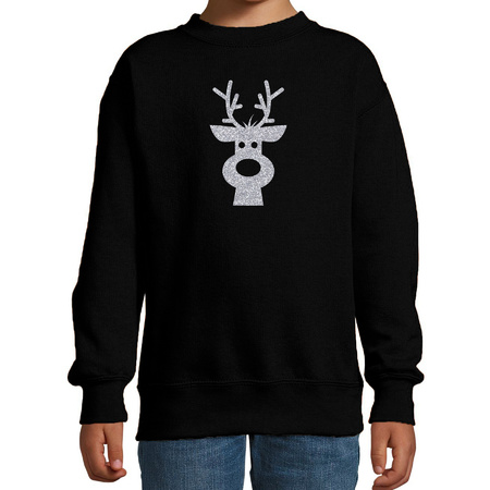 Rendier hoofd Kerstsweater / Kersttrui zwart voor kinderen met zilveren glitter bedrukking