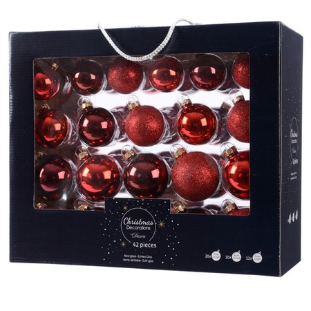 Kerstversiering glazen kerstballen mix set 5-6-7 cm rood/donkerrood 42x stuks met haakjes