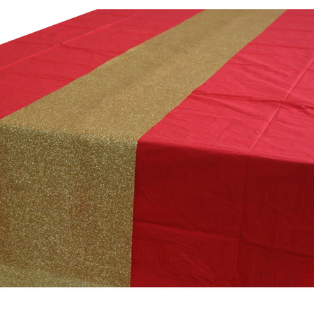 Rood tafelkleed 274 x 137 cm met gouden tafelloper met glitters voor de kersttafel
