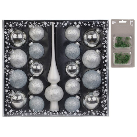 Set 19-pcs glass christmas baubles with treep topper silver with 40x hooks