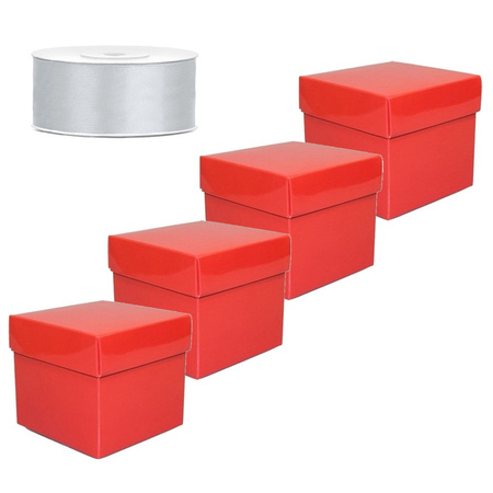 Set 4 red gift box 10 cm and silver ribbon 25 mm 