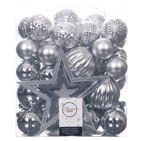Set of 66x pcs plastic christmas baubles silver star tree topper mix