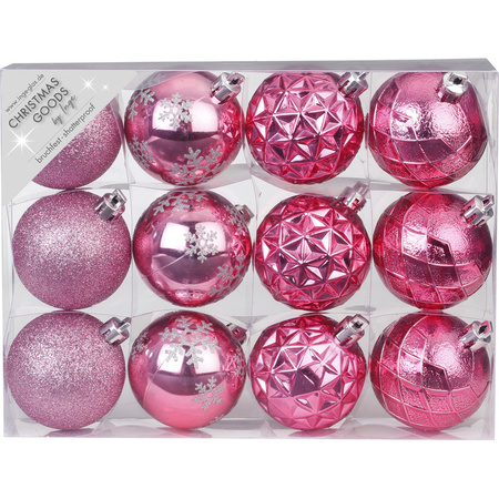 Set of 12x luxury pink christmas baubles 6 cm plastic matte/shiny