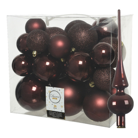 Set of 26x pcs plastic christmas baubles including glass tree topper redwood brown