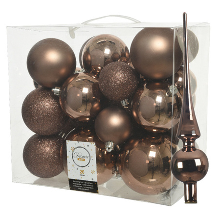 Set van 26x stuks kunststof kerstballen incl. glazen piek glans walnoot bruin