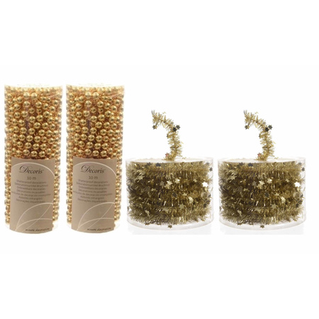 2x Gold beaded Christmas garlands 10 mtr and 2x Christmas tree stars foil garlandes gold 700 cm