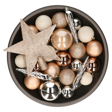 Set van 33x stuks kunststof kerstballen met ster piek bruin/wit/zilver mix