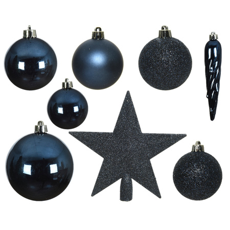 70x pcs plastic christmas baubles dark blue including star tree topper 5, 6 and 8 cm