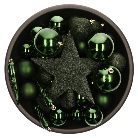 Set van 33x stuks kunststof kerstballen met ster piek donkergroen mix