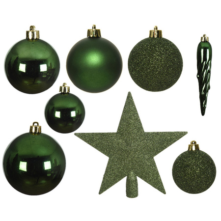 33x stuks kunststof kerstballen 5, 6 en 8 cm donkergroen inclusief ster piek en kerstbalhaakjes