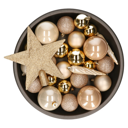 Set of 33x pcs plastic christmas baubles gold/champagne/brown star tree topper mix