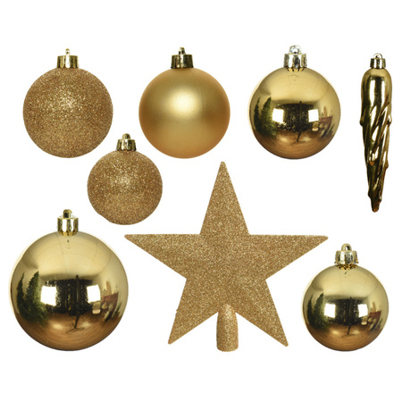 Decoris kerstballen 37x stuks goud 5-6-8-10 cm met ster piek kunststof