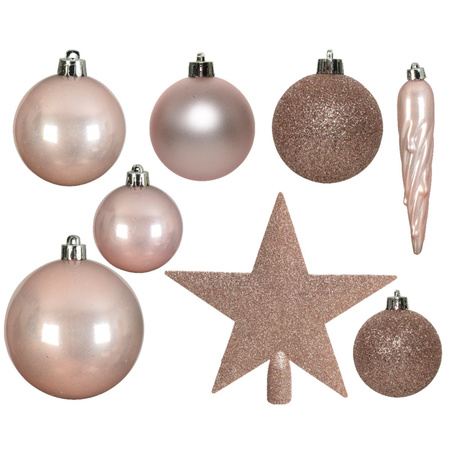Christmas decorations baubles with topper 5-6-8 cm set lightpink 39x pieces