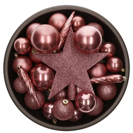 Set van 33x stuks kunststof kerstballen met ster piek oudroze (velvet pink) mix
