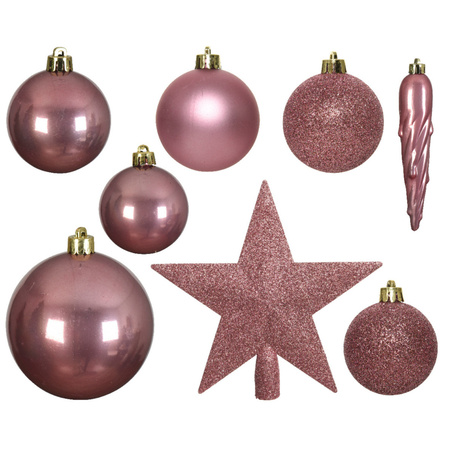 33x stuks kunststof kerstballen met piek 5-6-8 cm oudroze incl. haakjes