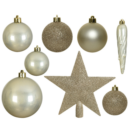 Christmas decorations baubles 5-6-8 cm with star tree topper and star garlands set light pearl 35x