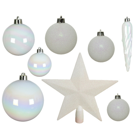 33x pcs plastic christmas baubles parelmoer with startopper white pearl 5-6-8 cm incl