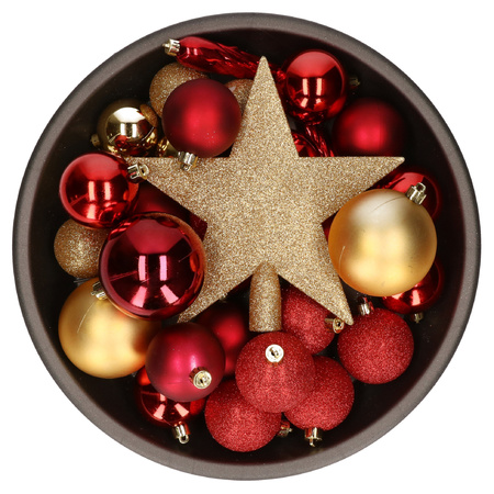 Set van 33x stuks kunststof kerstballen met ster piek rood/goud mix