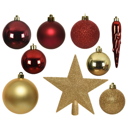 33x stuks kunststof kerstballen met piek 5-6-8 cm rood/goud incl. haakjes
