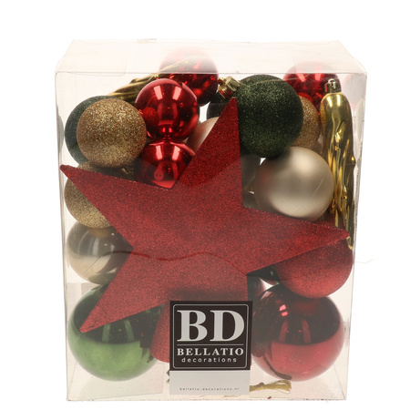 Set van 33x stuks kunststof kerstballen met ster piek rood/groen/champagne mix
