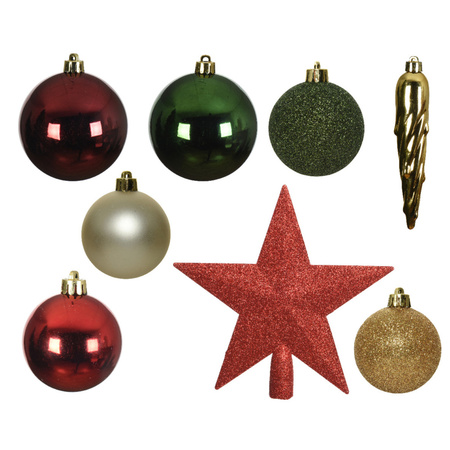 Set van 33x stuks kunststof kerstballen met ster piek rood/groen/champagne mix