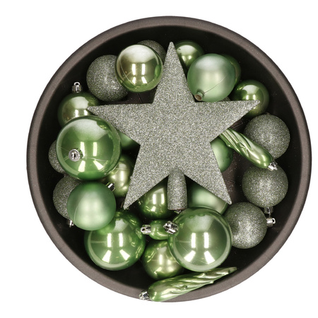 33x pcs plastic christmas baubles salie groenh startopper sage green 5-6-8 cm incl