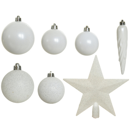 Kerstversiering kerstballen 5-6-8 cm met ster piek en folieslingers pakket winter wit van 35x stuks
