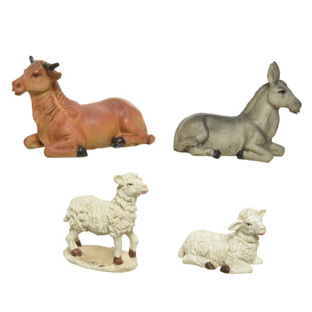 Set van 4 stuks polystone dierenbeeldjes os, ezel en schapen 12 cm