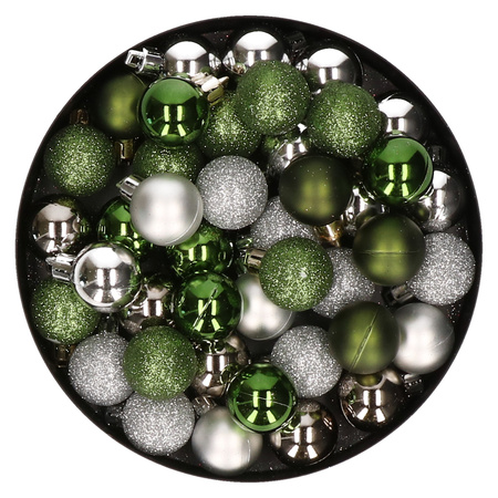 Set of 40x pcs plastic christmas baubles silver and green 3 cm
