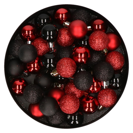Set of 40x pcs plastic christmas baubles black and red 3 cm