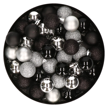 Set of 40x pcs plastic christmas baubles black and silver 3 cm
