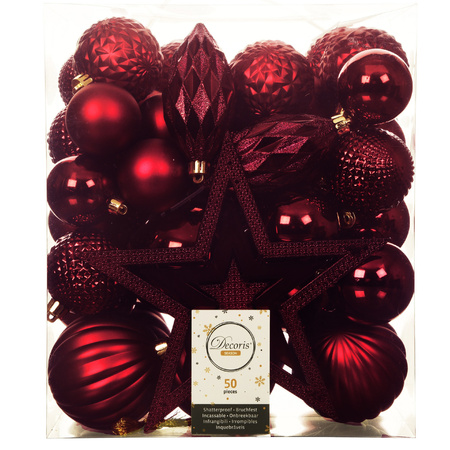 56x stuks kunststof kerstballen en ornamenten met ster piek donkerrood