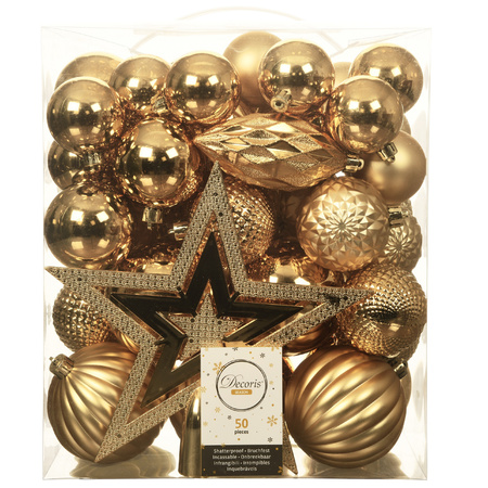 Set of 66x pcs plastic christmas baubles gold star tree topper mix