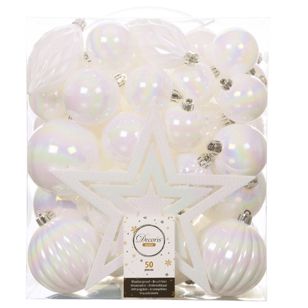 56x stuks kunststof kerstballen en ornamenten met ster piek parelmoer wit