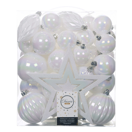 Set van 55x stuks kunststof kerstballen incl. ster piek parelmoer wit