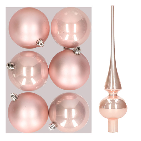 Set of 6x pcs plastic christmas baubles 8 cm including glass tree topper light pink
