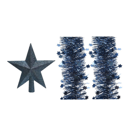 Set van een kerst ster piek en 2x stuks kerstslingers donkerblauw 270 x 10 cm